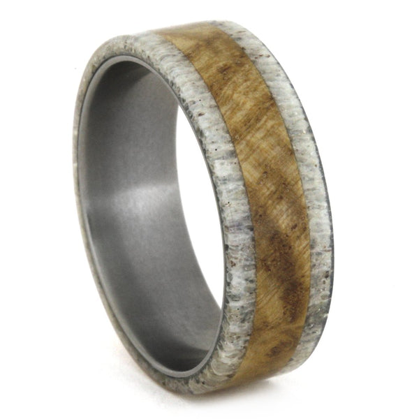 The Men's Jewelry Store (Unisex Jewelry) Black Ash Wood Burl, Deer Antler 8mm Comfort-Fit Matte Titanium Wedding Ring