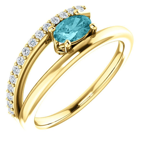Blue Zircon and Diamond Bypass Ring, 14k Yellow Gold (.125 Ctw, G-H Color, I1 Clarity)