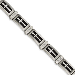 Men's Polished Stainless Steel with CZ Black Carbon Fiber Inlay Cross Bracelet, 8.5"