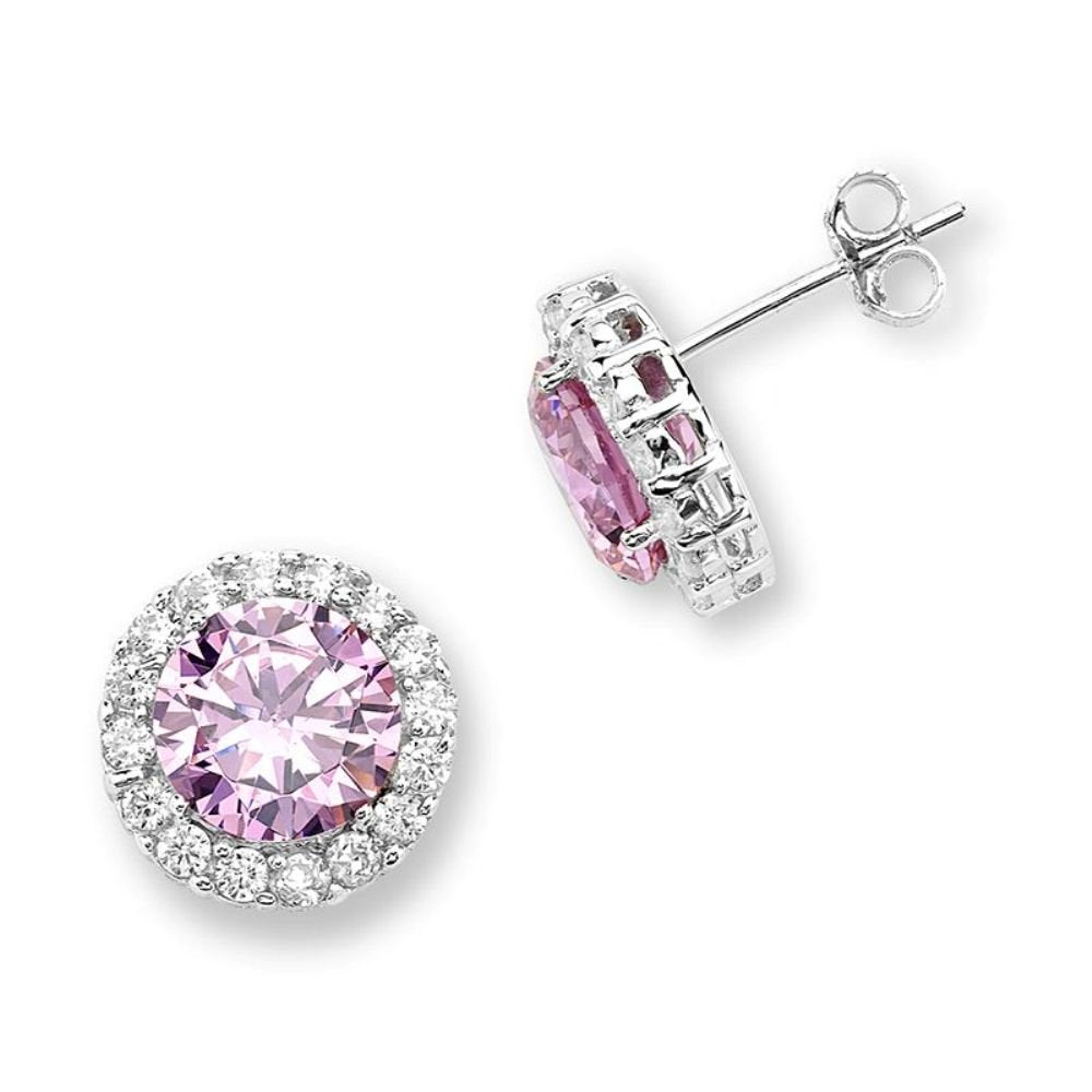 Pink CZ Halo Rhodium Plated Sterling Silver Stud Earrings