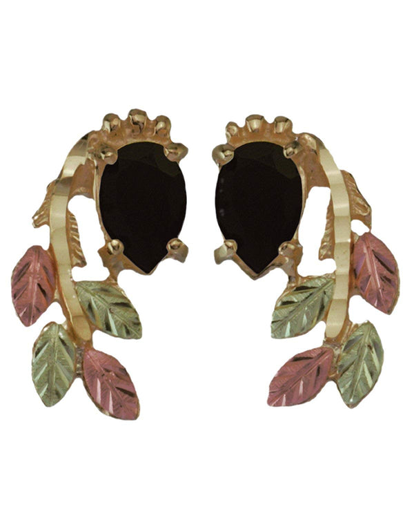 Onyx Pear Petite Leaf Cascade Earrings, 10k Yellow Gold, 12k Green and Rose Gold Black Hills Gold Motif