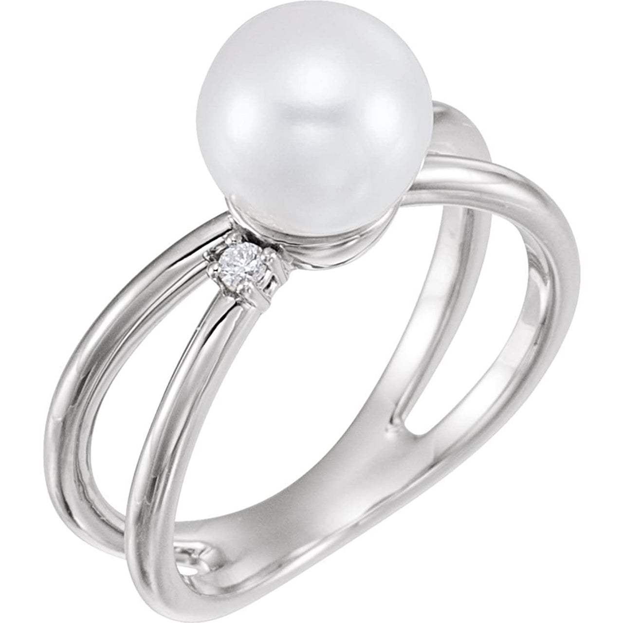 White Freshwater Cultured Pearl, Diamond Ring, Rhodium-Plated 14k White Gold (8-8.5 mm)(.04 Ctw, Color G-H, Clarity I1)