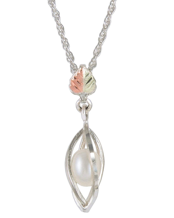 Cultured Pearl Teardrop Pendant Necklace, Sterling Silver, 12k Green and Rose Gold Black Hills Gold Motif, 18''