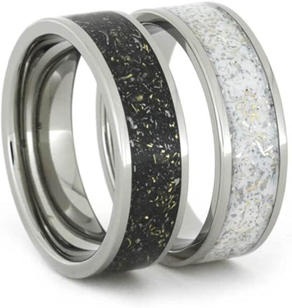 Couples White Stardust Titanium Band and Black Stardust Titanium Band with Meteorite and Gold Set Size, M13.5-F4.5
