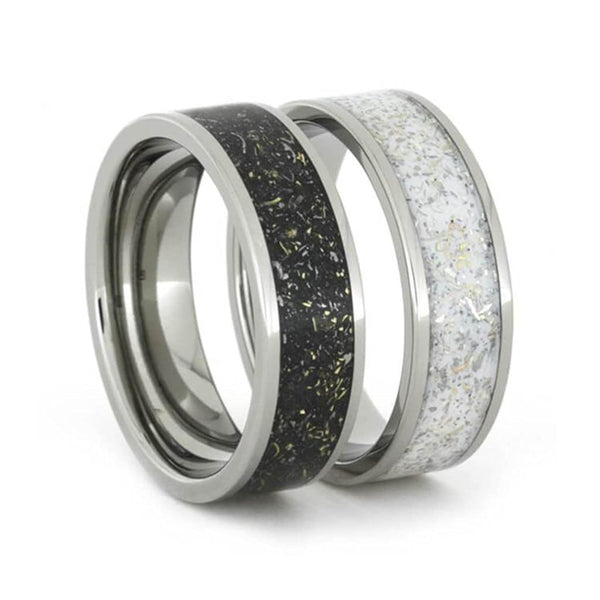 Black and White Stardust Band with Meteorite and Gold 7mm Comfort-Fit Titanium Couples Wedding Band Set