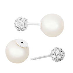 White Cultured Pearl and CZ Double-Sided, Double Ball Rhodium Plated Sterling Silver Stud Earrings