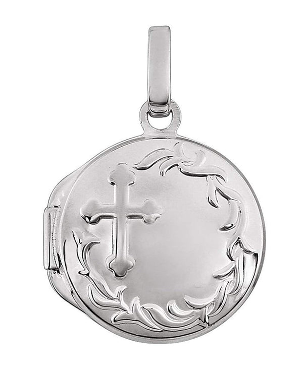 Embossed Treflée Botonee Cross Rhodium-Plated 14k White Gold Round Locket Pendant