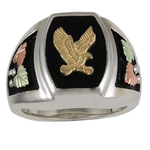 Men's Onyx Eagle Ring, Sterling Silver, 10k Yellow Gold, 12k Green and Rose Gold Black Hills Gold Motif