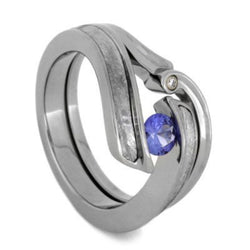 Blue Sapphire, Gibeon Meteorite Engagement Ring, Charles & Colvard Moissanite Wedding Band, Bridal Set