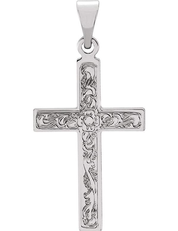 Embossed Flowers Cross 14k White Gold Pendant