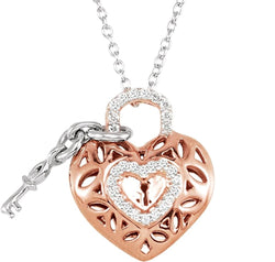 Sterling Silver and Rose Plate Diamond Heart Lock and Key Necklace, 18"