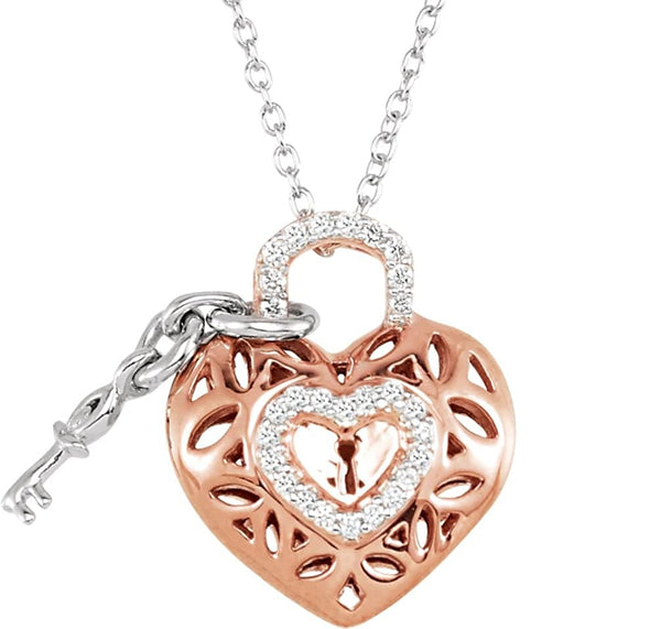 Sterling Silver and Rose Plate Diamond Heart Lock and Key Necklace, 18"