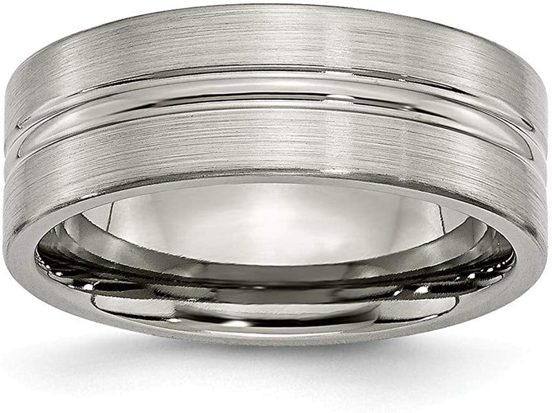 Men's Brushed Titanium 8mm Grooved Comfort-Fit Flat Band, Size 12