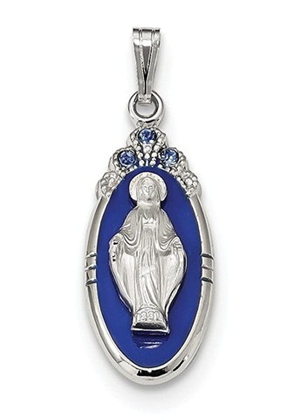 Sterling Silver Satin And Diamond-Cut Epoxy And Crystal Miraculous Medal Pendant (25X10.5MM)