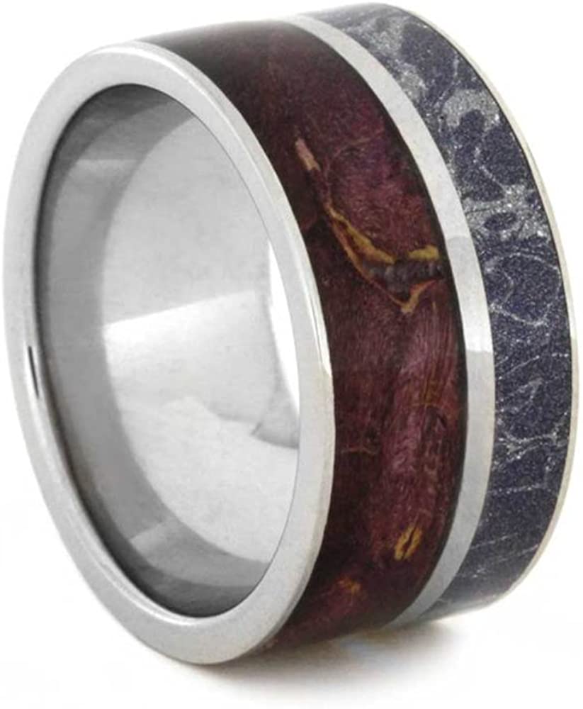 The Men's Jewelry Store (Unisex Jewelry) Purple Box Elder Burl Wood, Blue Bronze and White Mokume 10mm Titanium Comfort-Fit Band