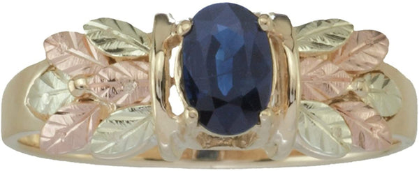 Sapphire Oval Petite Leaf Ring, 10k Yellow Gold, 12k Green and Rose Gold Black Hills Gold Motif, Size 4.75