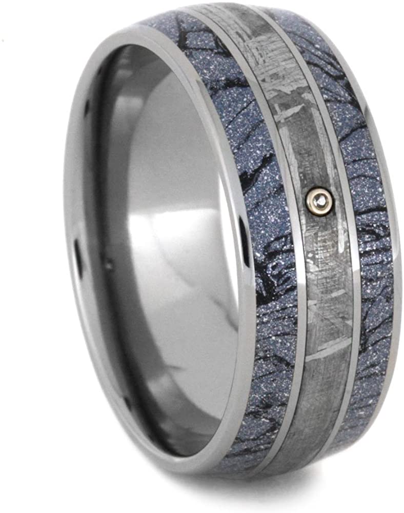 White Sapphire, Gibeon Meteorite, Cobaltium Mokume 8.5mm Comfort-Fit Titanium Wedding Band, Size 15.25