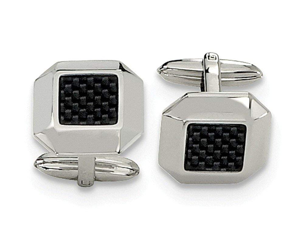 Stainless Steel Polished Black Carbon Fiber Inlay Square Cuff Links, 17MM