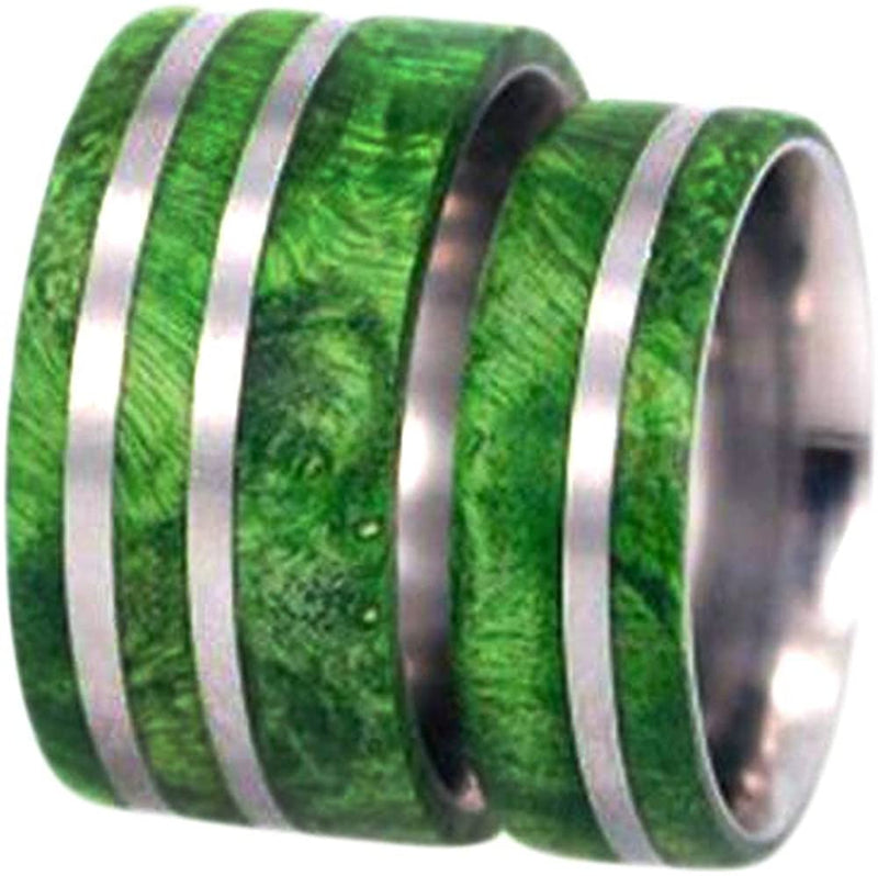 Green Box Elder Burl Wood Comfort-Fit Titanium His and Hers Wedding Band Set, M11.5-F4