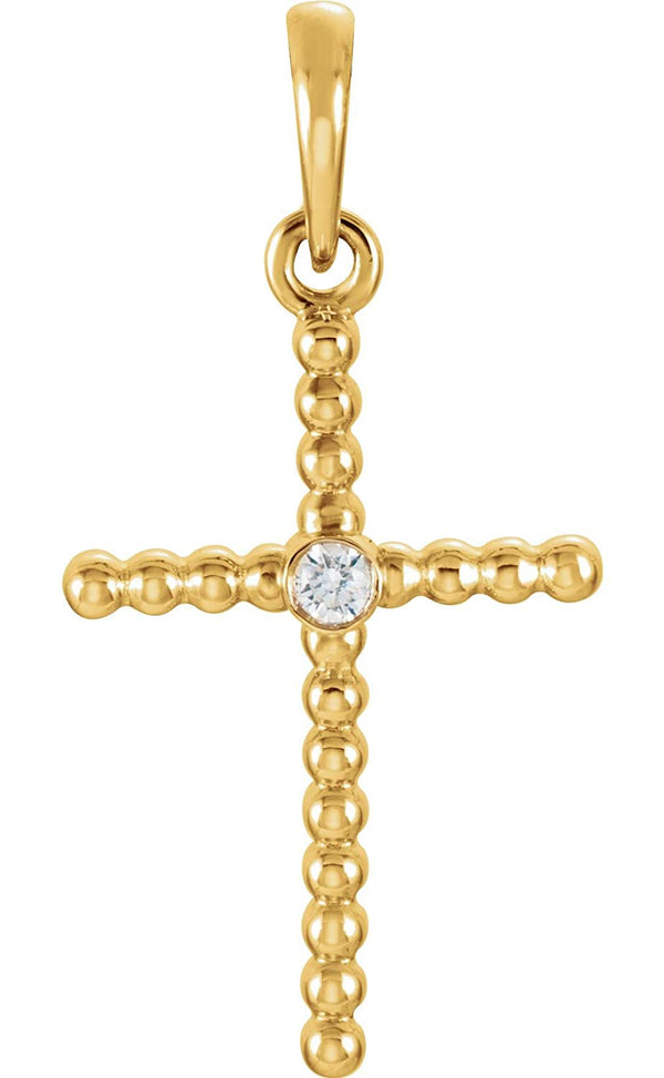 Diamond Beaded Cross 14k Yellow Gold Pendant (.02 Ct, G-H Color, I1 Clarity)