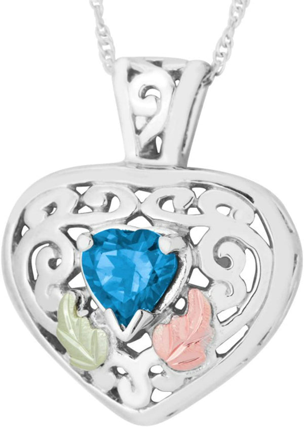 Blue Topaz Heart with Scrollwork Pendant Necklace, Sterling Silver, 12k Green and Rose Gold Black Hills Gold Motif, 18"