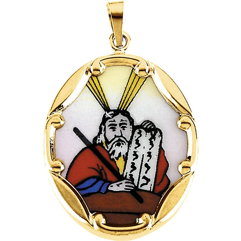 14k Yellow Gold Moses Hand-Painted Porcelain Medal (13x10 MM)