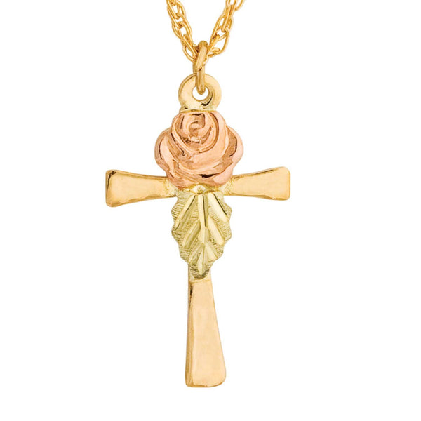 Rose on Cross Pendant Necklace, 10k Yellow Gold, 12k Green and Rose Gold Black Hills Gold Motif, 18"
