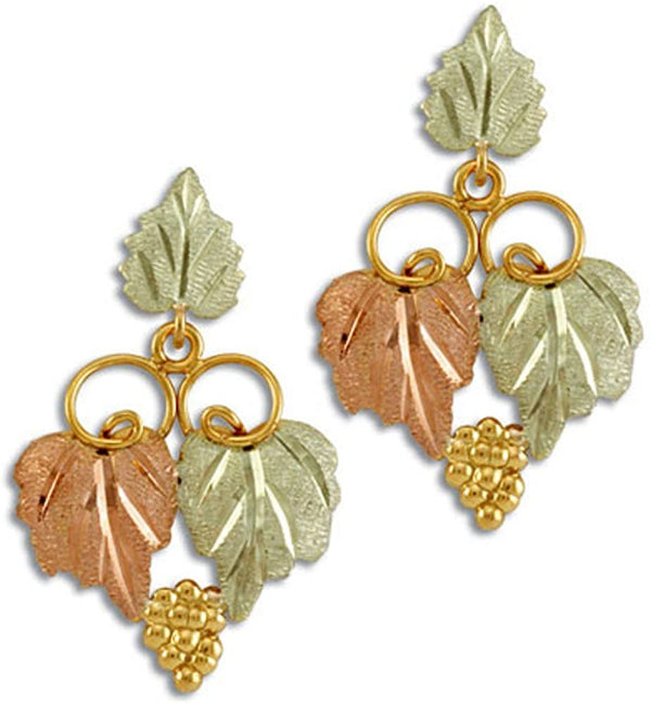 Grape Cluster Drop Earrings, 10k Yellow Gold, 12k Green and Rose Gold Black Hills Gold Motif