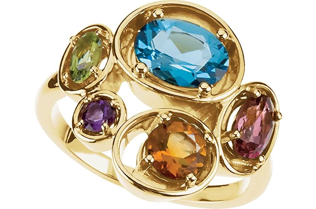 Swiss Blue Topaz, Pink Tourmaline, Peridot, Amethyst, Citrine 14k Yellow Gold Ring, Size 6