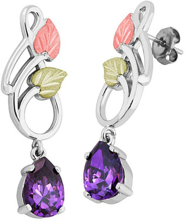 Pear Amethyst CZ Dangle Earrings, Sterling Silver, 12k Green and Rose Gold Black Hills Gold Motif