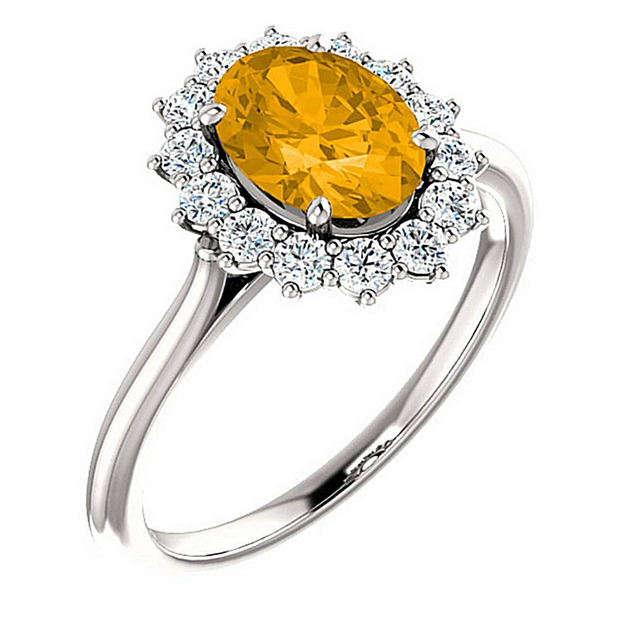 Citrine and Diamond Halo 14k White OR Yellow Gold Ring, Size 7