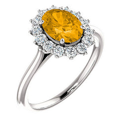 Citrine and Diamond Halo 14k White OR Yellow Gold Ring, Size 7