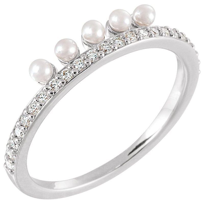 White Freshwater Cultured Pearl, Diamond Stackable Ring, Sterling Silver (2mm)(.2Ctw, Color G-H, Clarity I1) Size 7.5