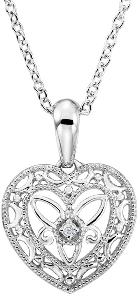 The Men's Jewelry Store (for HER) Diamond Heart Vintage Style Sterling Silver Necklace, 18" (.005 Ct, H+ Color, I2 Clarity)