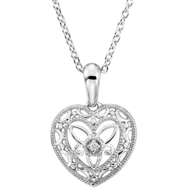 Diamond Heart Vintage Style Sterling Silver Necklace, 18" (.005 Ct, H+ Color, I2 Clarity)