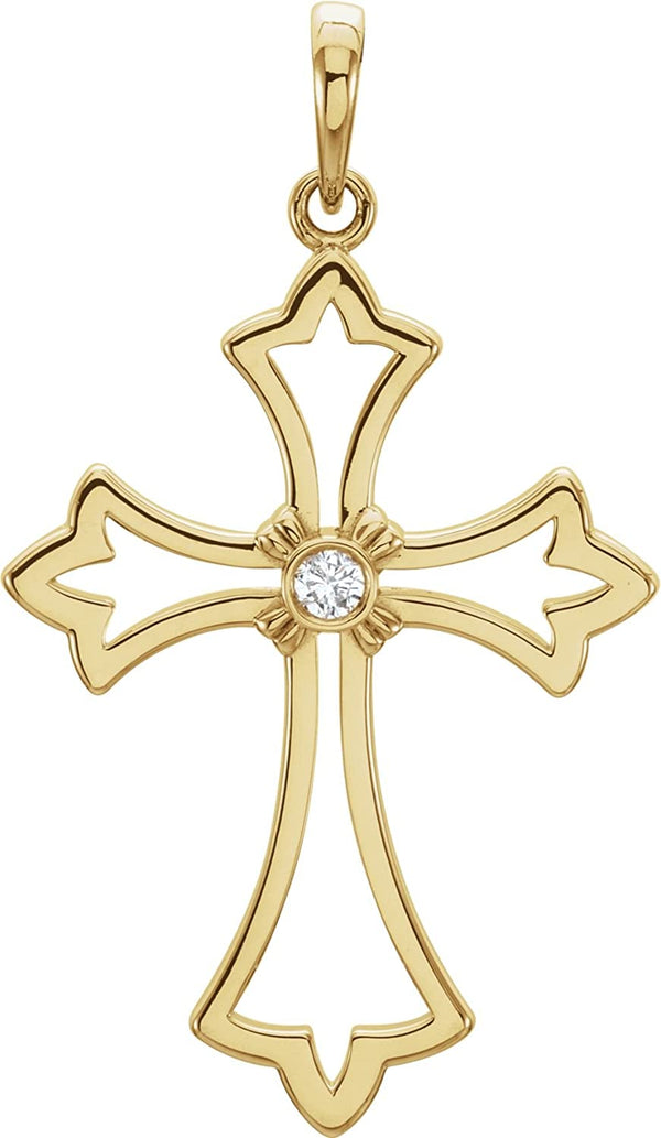 Diamond Fleur-de-Lis Cross 14k Yellow Gold Pendant (.03 Ct, G-H Color, I1 Clarity)