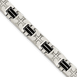 Men's Polished Stainless Steel Black Rubber Cross Adjustable Bracelet, 8.5"