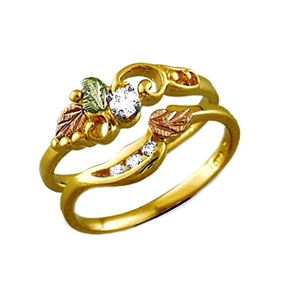 Diamond Bridal Set Engagement and Wedding Ring, 14k Yellow Gold, 12k Green and Rose Gold Black Hills Gold Motif (.10 Ct) (.02 Ctw)