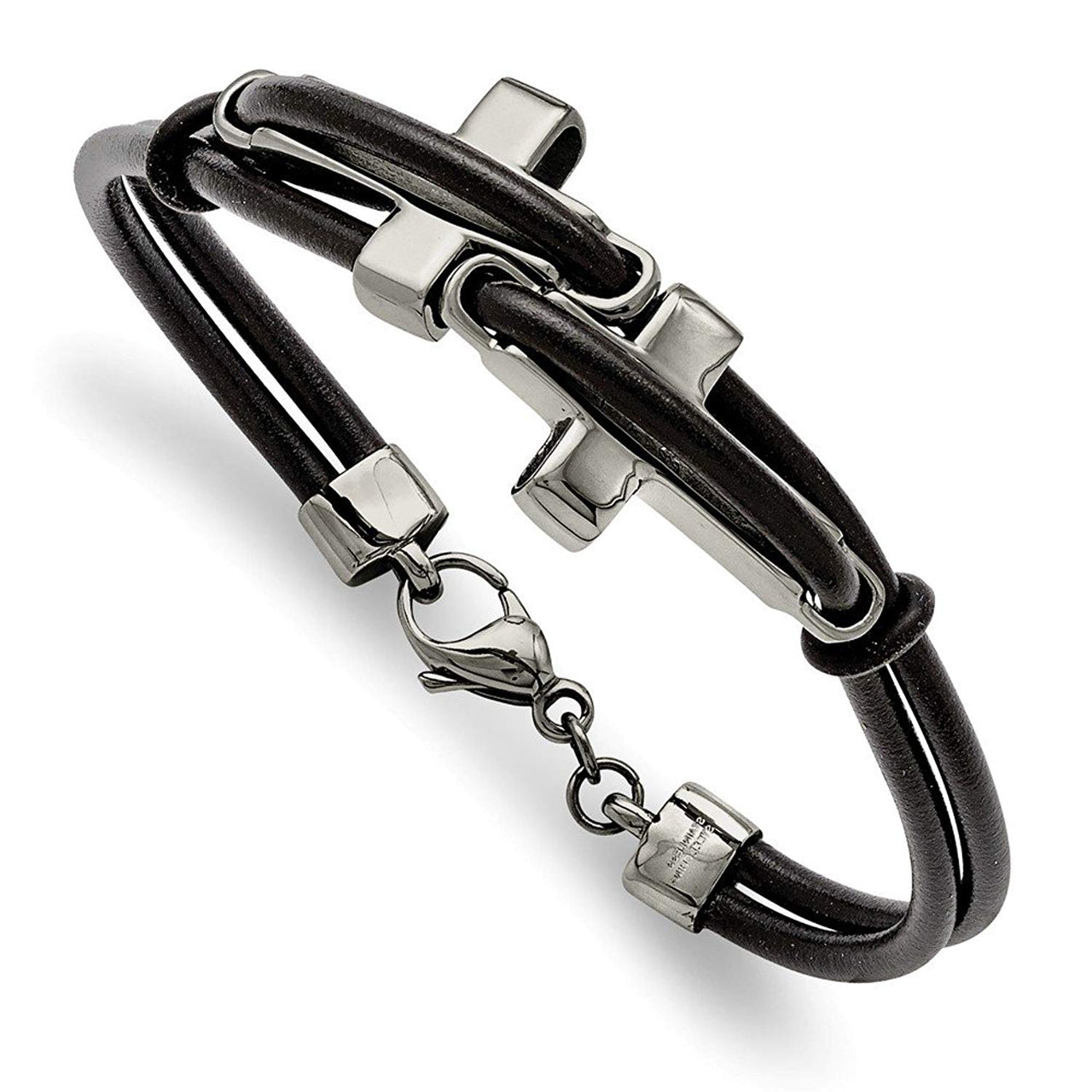 Men's Polished Stainless Steel 17mm Black Leather Bracelet, 8.25"