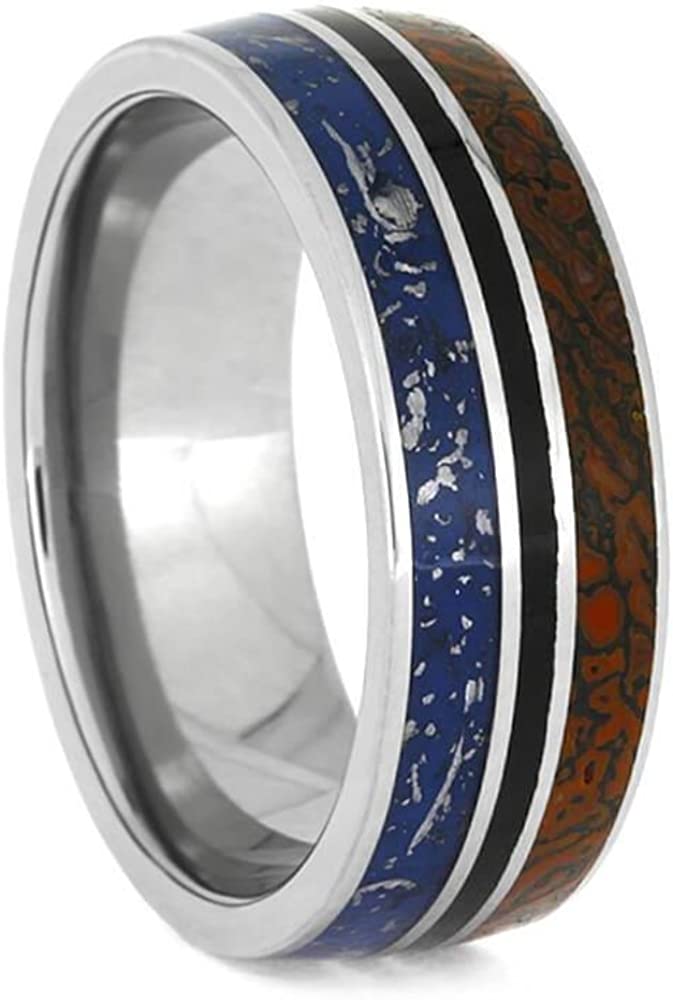 Blue Stardust, Fossil Meteorite, Dinosaur Bone, Black Stripe 8mm Titanium Comfort-Fit Wedding Band, Size 9