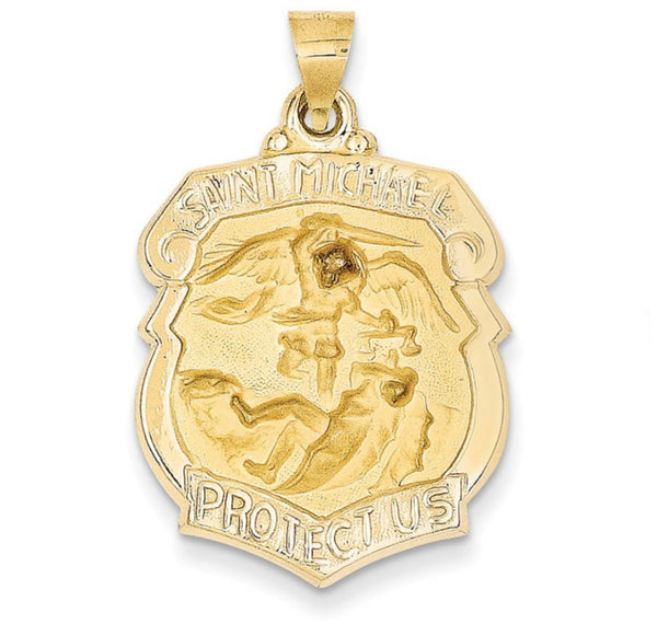 14k Yellow Gold St. Michael, Archangel Shield Medal (28x21MM) Patron Saint of Police, Paratroopers, Paramedics, Mariners, Radiologists, Airborne, Germany, Grocers, the Sick