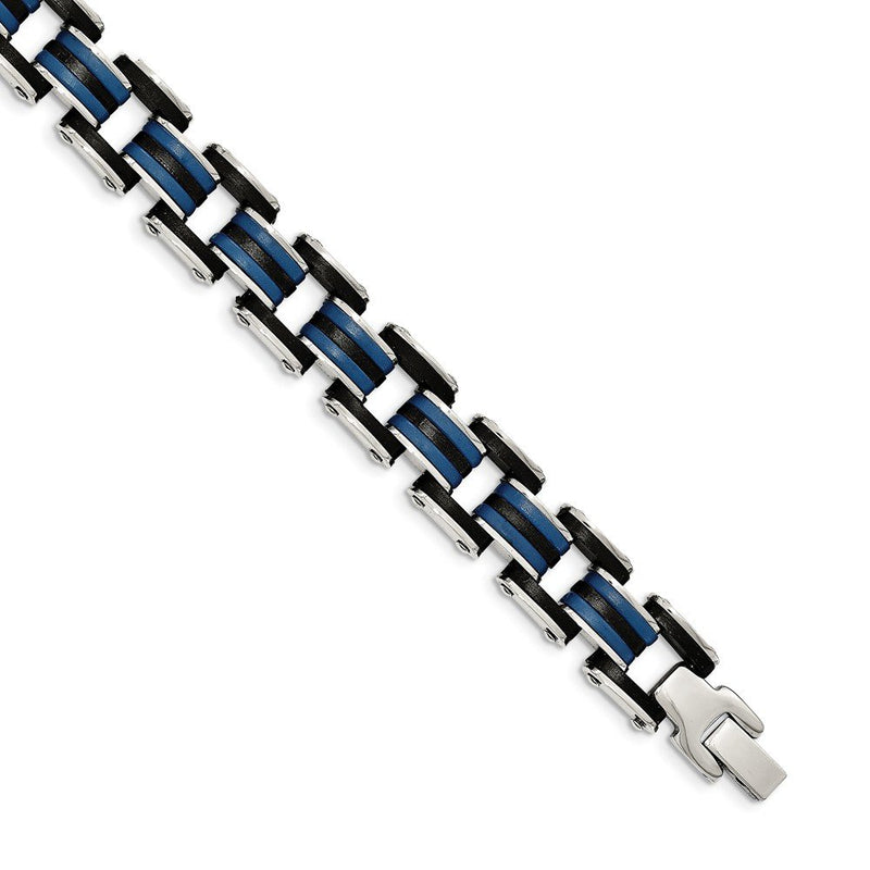 Men's Polished Stainless Steel Black and Blue Rubber Bracelet, 8.25"