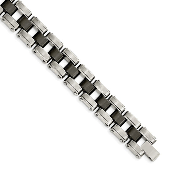 Men's Brushed and Polished Stainless Steel Black Ceramic Link Bracelet, 8.5"