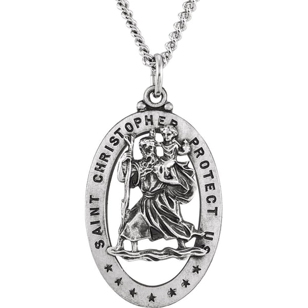 Sterling Silver Oval St. Christopher Medal Necklace, 24" (29x20 MM)