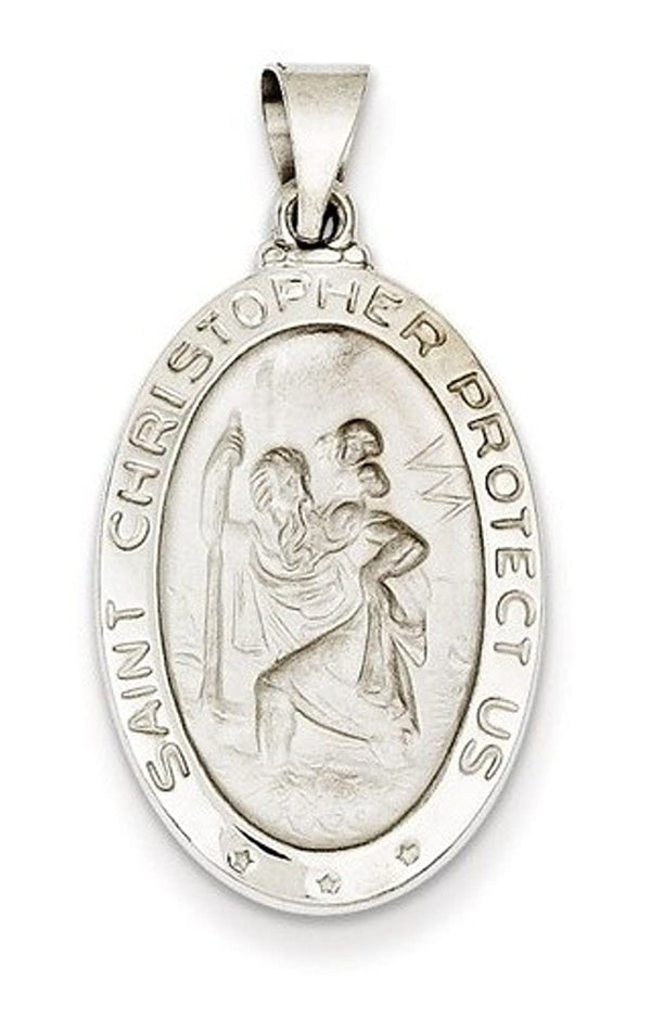 Rhodium Plated 14k White Gold Polished And Satin St. Christopher Medal Pendant (26X16MM)