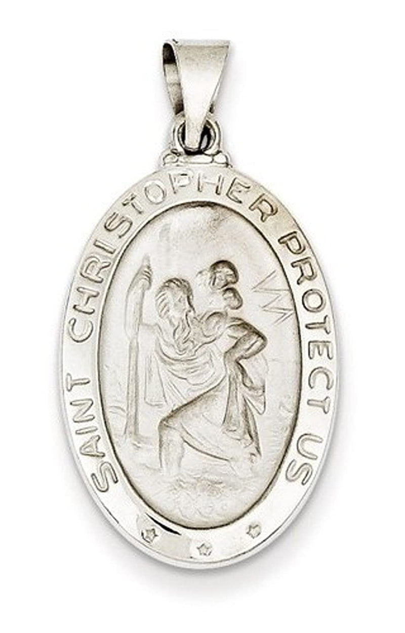 Rhodium Plated 14k White Gold Polished And Satin St. Christopher Medal Pendant (26X16MM)