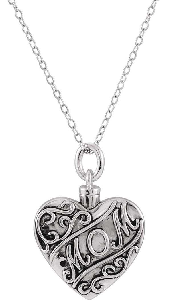 Ave 369 'Mom' Heart Ash Holder Necklace, Rhodium Plated Sterling Silver, 18"