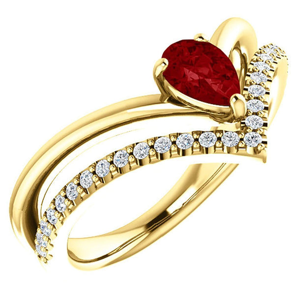 Chatham Created Ruby Pear and Diamond Chevron 14k Yellow Gold Ring (. 16 Ctw, G-H Color, I1 Clarity)