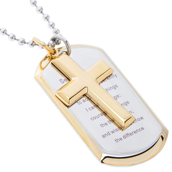 Cross with Serenity Prayer, Gold Ion Plating Pendant Necklace, Stainless Steel, 24"
