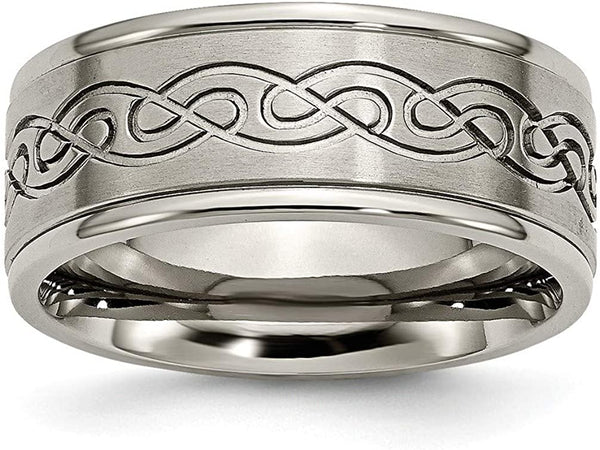 Brushed Grey Titanium Scroll Design 9mm Flat Band, Size 8